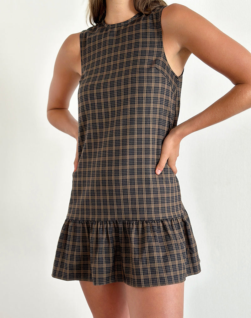 Samana Babydoll Mini Jurk in Geruit Donkerbruin