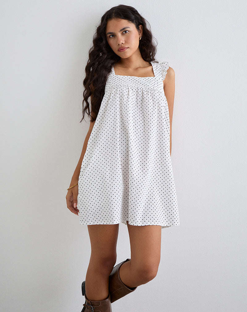 Sanaly Mini Jurk in Wit met Zwarte Micro Polka