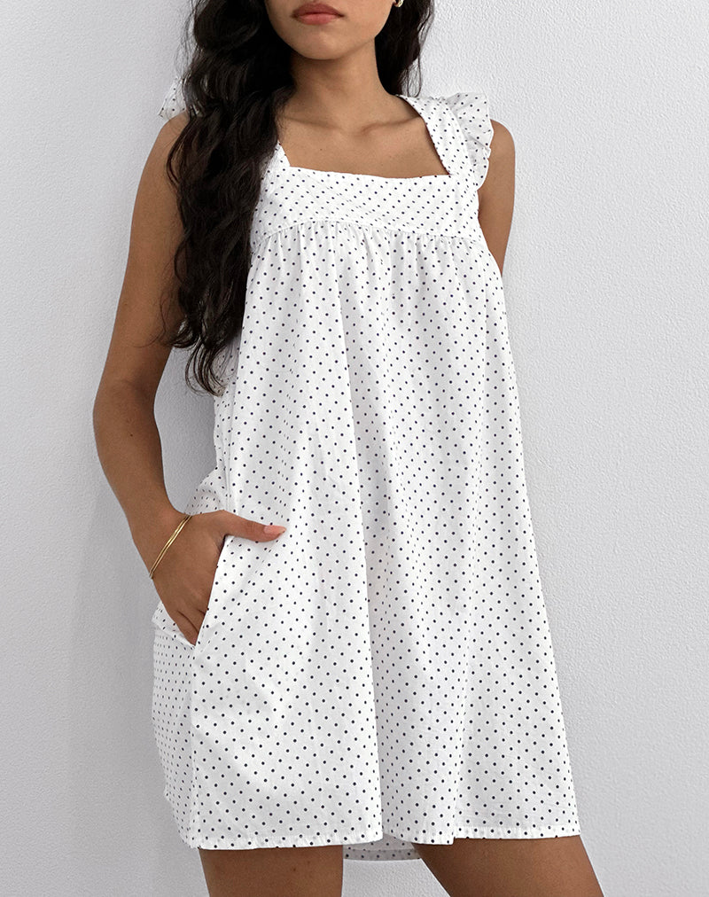 Afbeelding van Sanaly Mini jurk in wit met zwarte micro polka