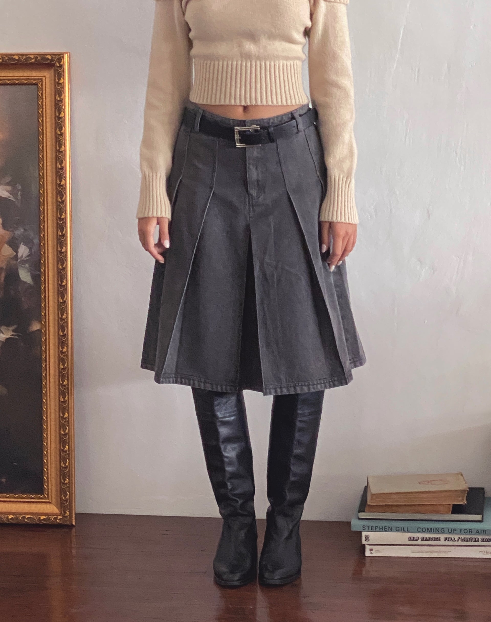 Afbeelding van Sanjani Geplooide Denim Midi Rok in Grijze Was