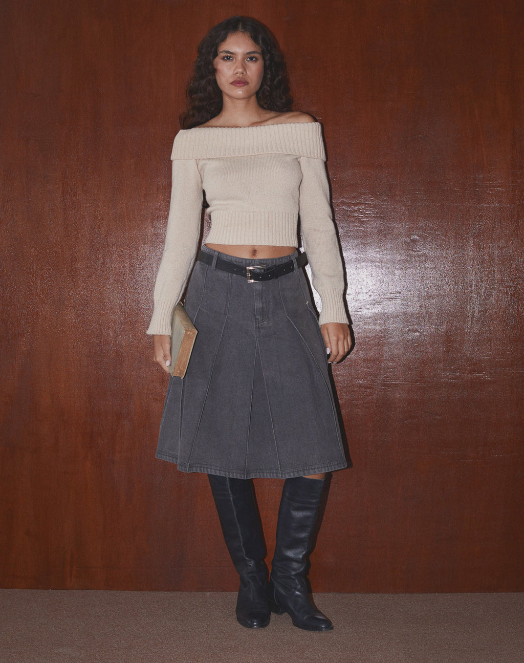 Sanjani geplooide denim midi-rok in grey wash