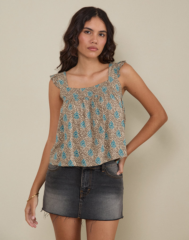 Afbeelding van Sanula Top in Blauw en Bruin Bloemig Boheems Batik