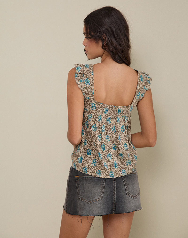 Afbeelding van Sanula Top in Blauw en Bruin Bloemig Boheems Batik