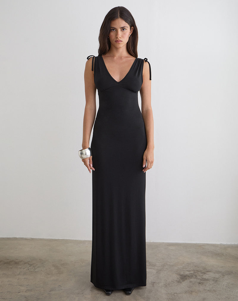 Sanyu Plunge Maxi Jurk in Cupro Zwart