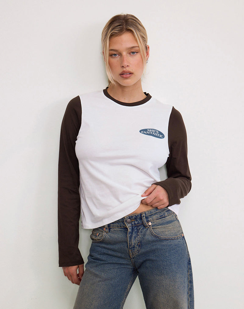 Sari Top in wit en chocoladebruin met She's Fantastic-motief