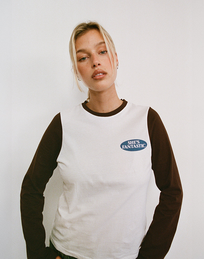 Sari Top in wit en chocoladebruin met She's Fantastic-motief