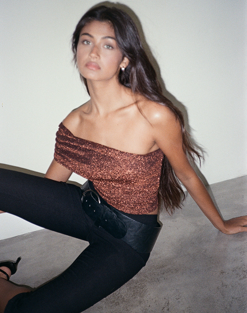 Afbeelding van Sarla One Shoulder Top in Jersey Glitter Koper