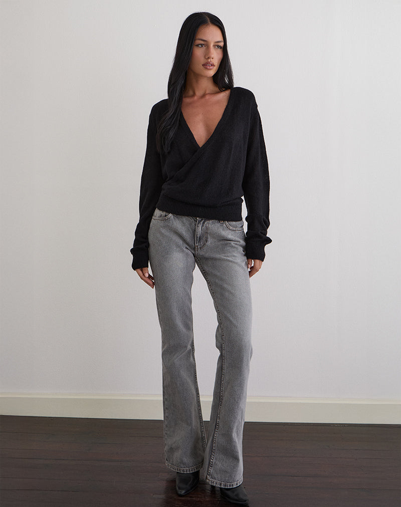 Image of Saroya Plunge Wrap Top in Knit Black