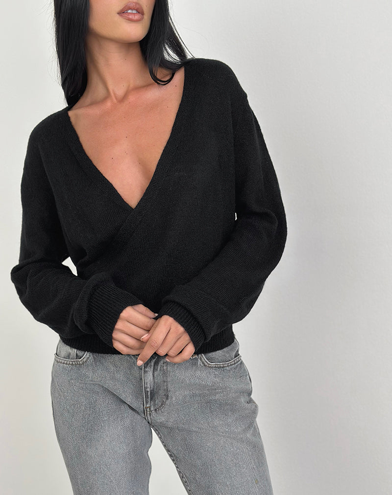 Image of Saroya Plunge Wrap Top in Knit Black