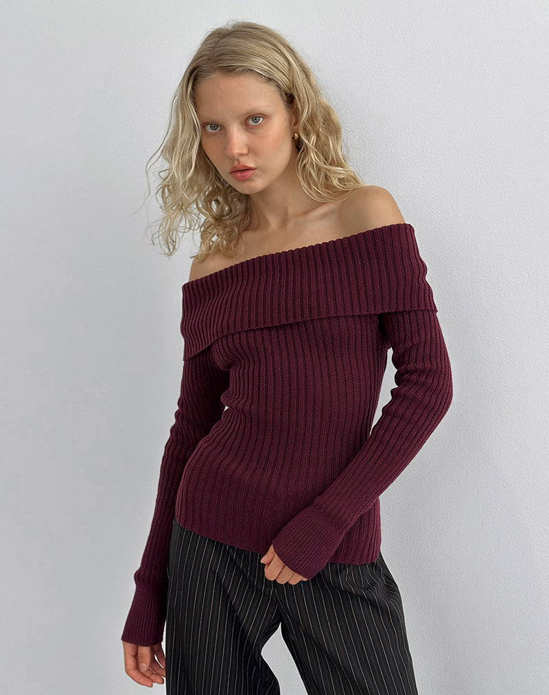 Saskia Bardot Top met strikrug in Donker Kersen