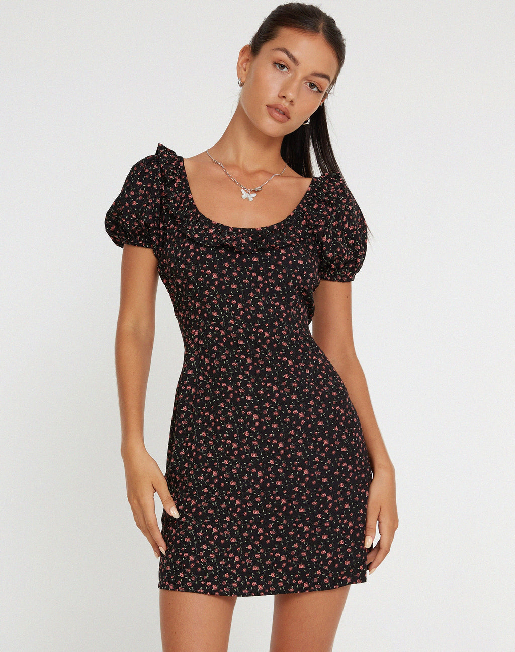 Sasyana Mini Dress in Donkerroze Roos Zwart