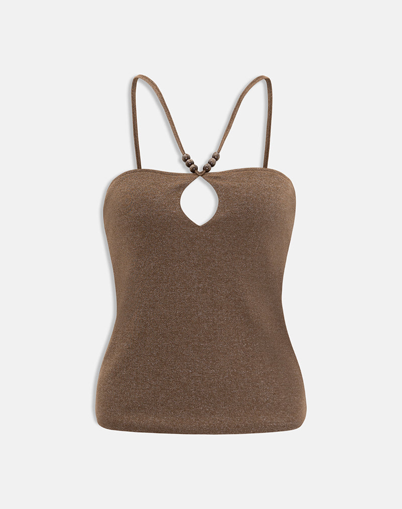 Satuna top met kralen in glanzend breisel bruin