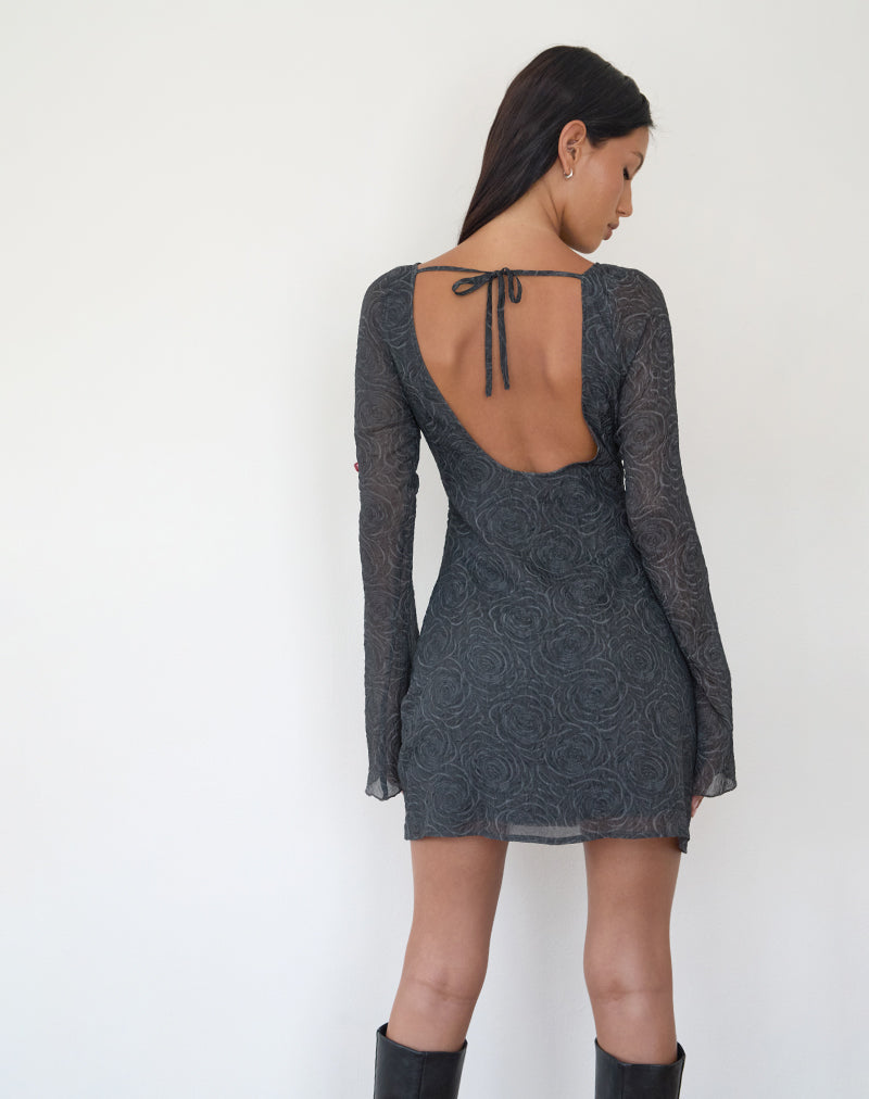 Sava Open Rug Mini Jurk met Lange Mouwen in Zwart Bloemig Chiffon