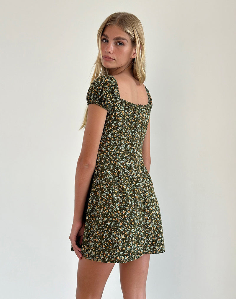 Afbeelding van Savio Mini Dress in Grunge Floral Khaki