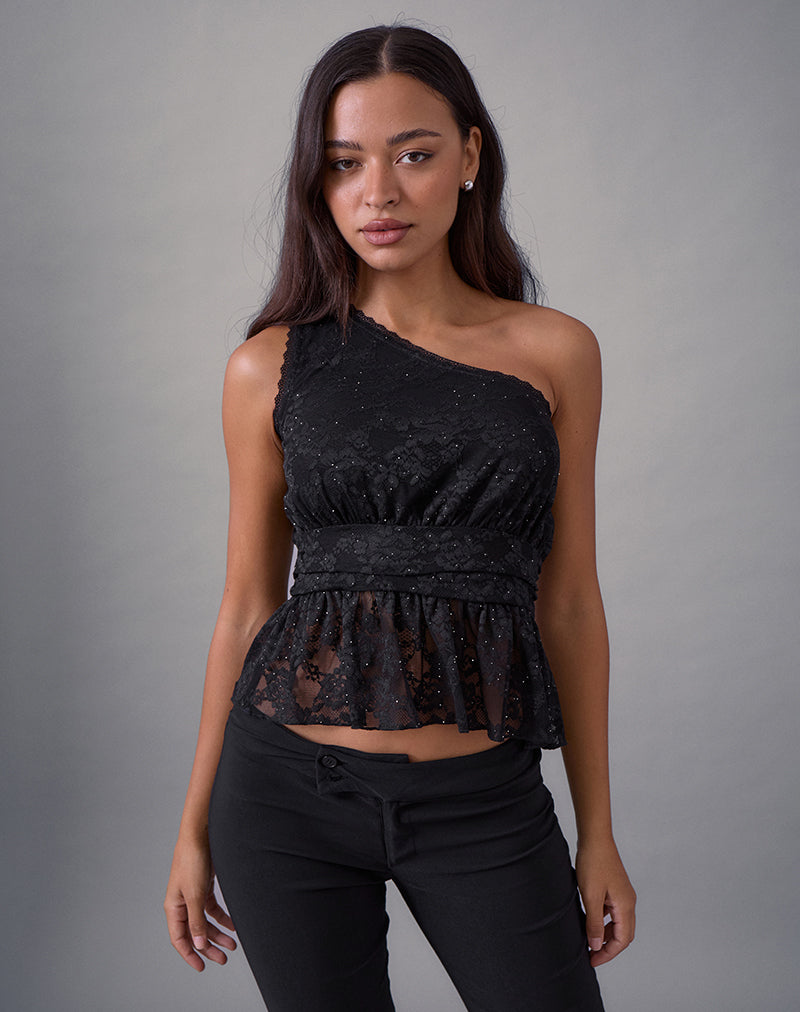 Sayong One Shoulder Top in Floral Lace Zwart