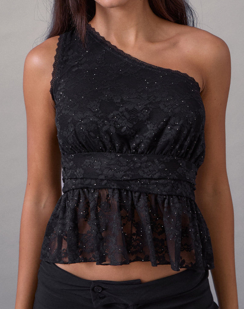 Afbeelding van Sayong One Shoulder Top in Floral Lace Zwart