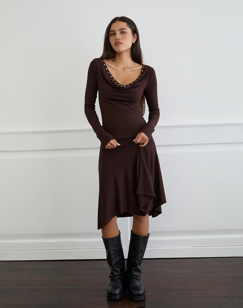 Afbeelding van Scanio Lange Mouw Cowl Top met Studs in Bittere Chocolade