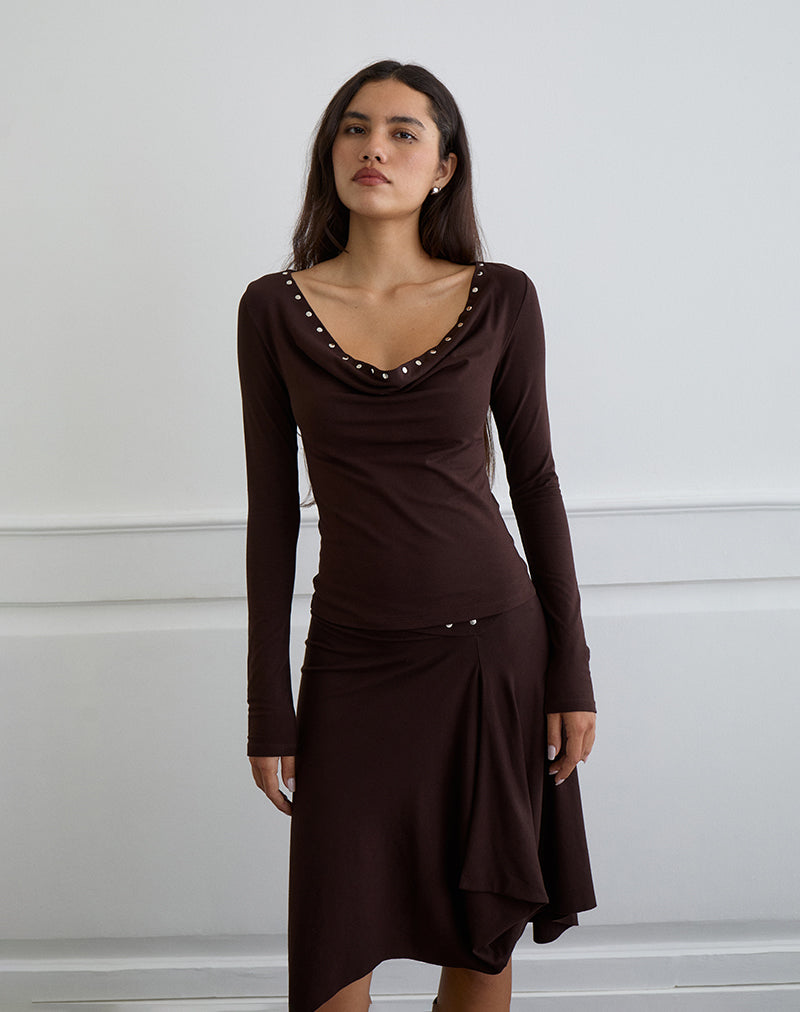 Afbeelding van Scanio Lange Mouw Cowl Top met Studs in Bittere Chocolade