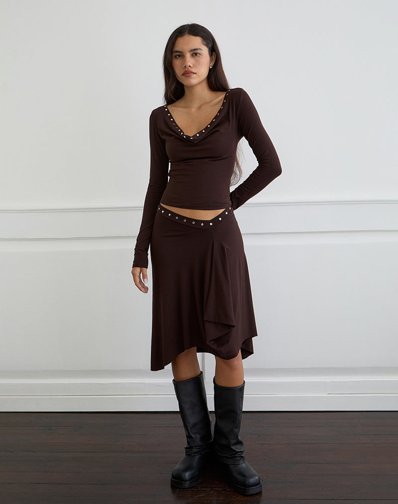 Afbeelding van Emera Midi rok met studs in Bittere Chocolade