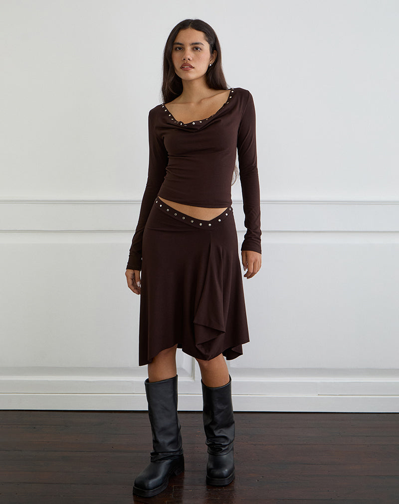 Afbeelding van Emera Midi rok met studs in Bittere Chocolade