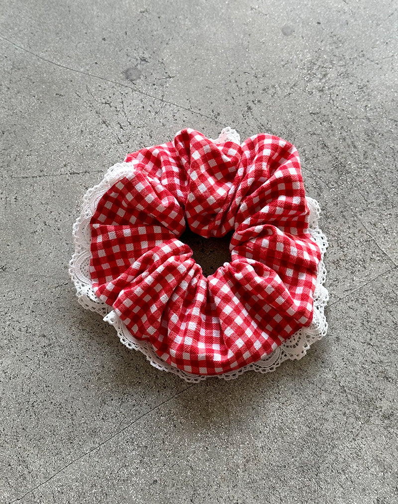 Afbeelding van Scrunchie in Rood Gingham met Kant