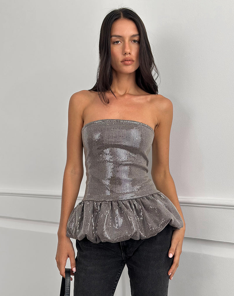 Seada Peplum Top in Sequin Ruit Bruin
