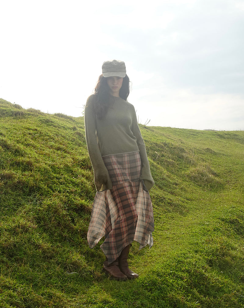 Afbeelding van Sedra midi-rok in bruin en roze wazig ruitjesmotief