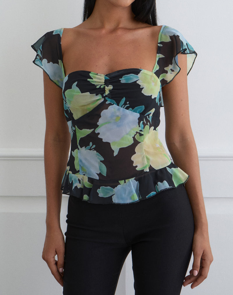 Selita top in zwart chiffon met kristallen bloemenprint