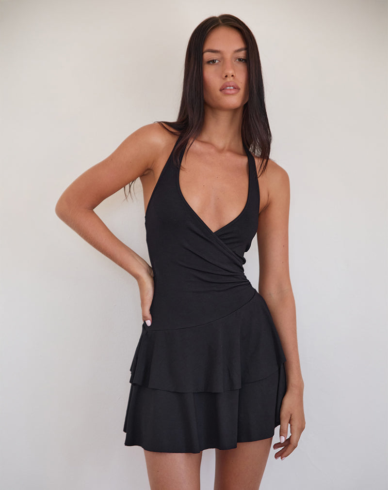 Semary Plunge Wrap Mini Dress in Zwart