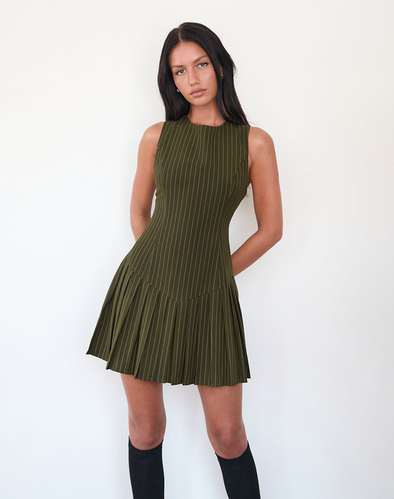 Afbeelding van Semasa Mini Dress in Khaki Pinstripe