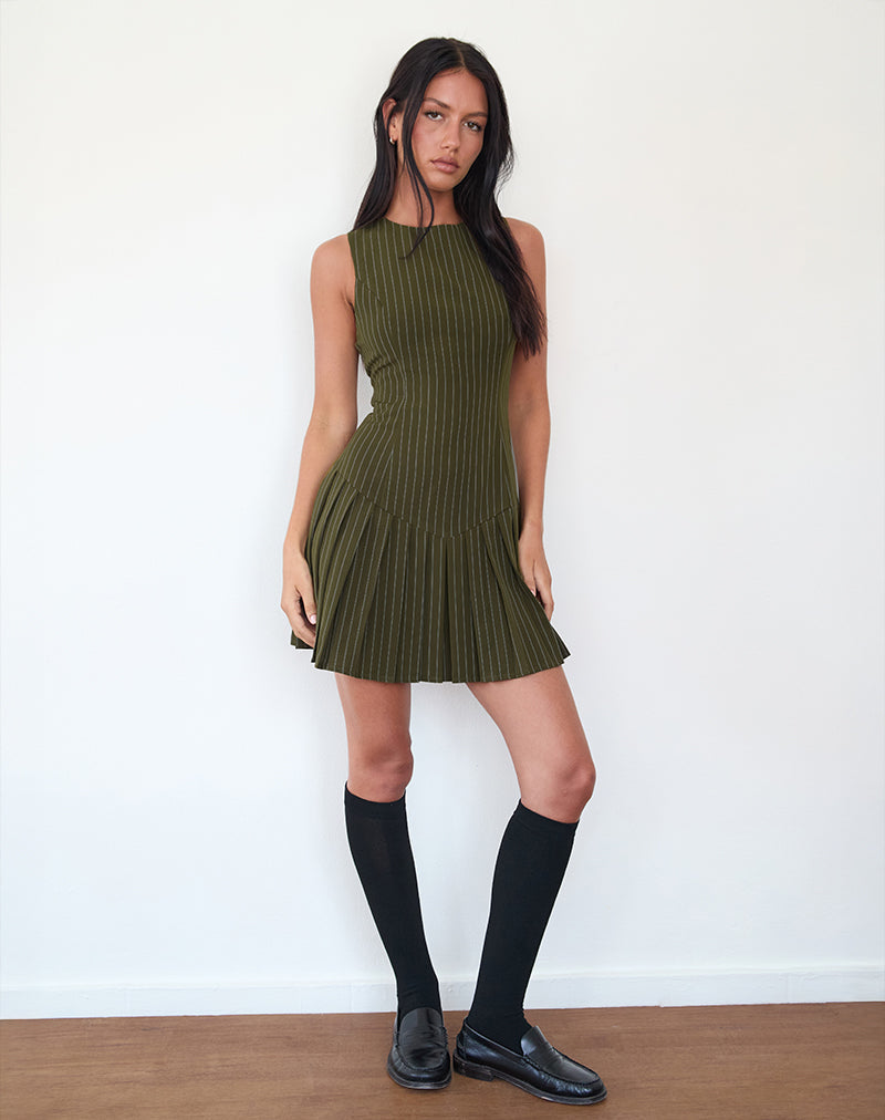 Afbeelding van Semasa Mini Dress in Khaki Pinstripe