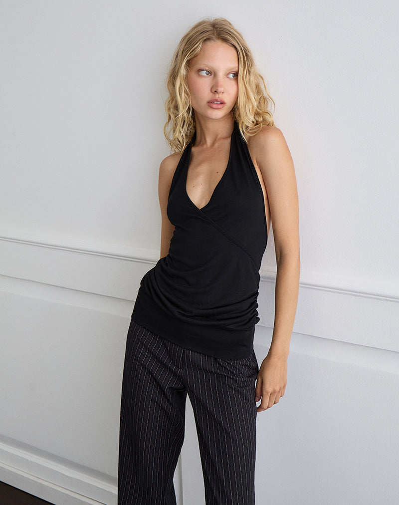 Seren Plunge Wrap Top in Cupro Zwart