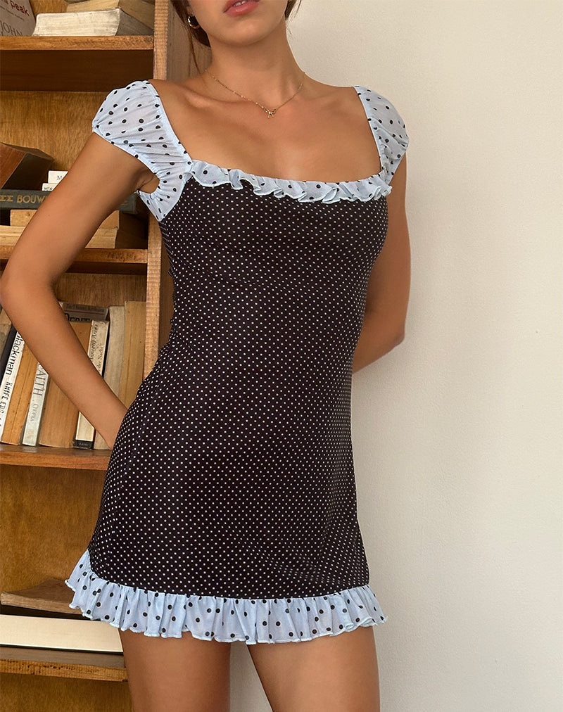 Sevda Mini Jurk in Blauw Zwart Basic Polka