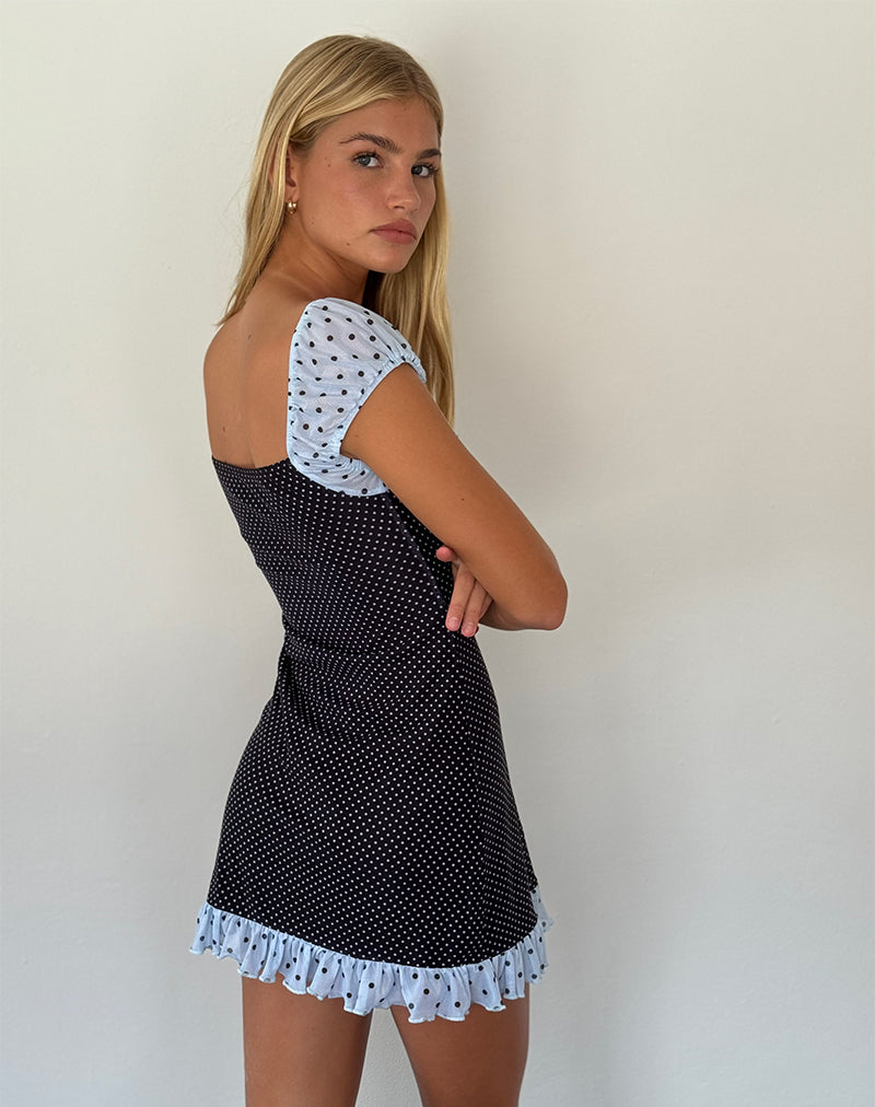 Afbeelding van Sevda Mini Jurk in Blauw Zwart Basic Polka
