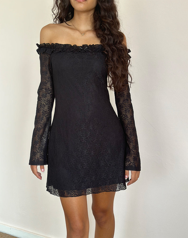 Severine Bardot Mini Dress Kant Zwart
