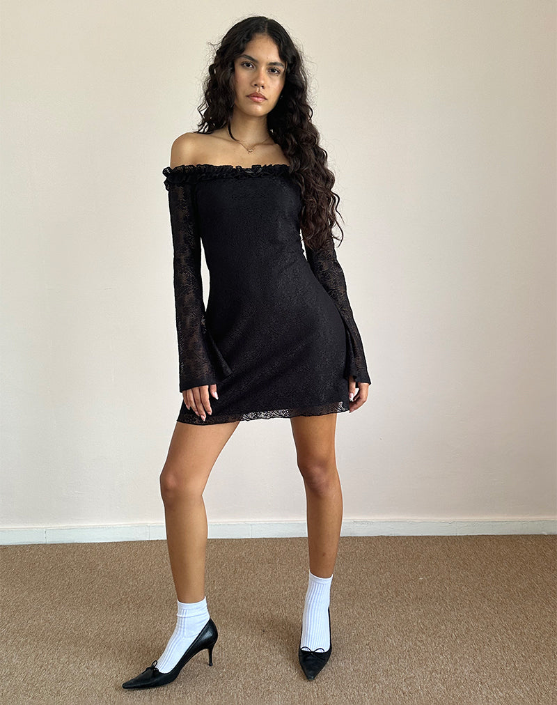 Severine Bardot Mini Dress Kant Zwart