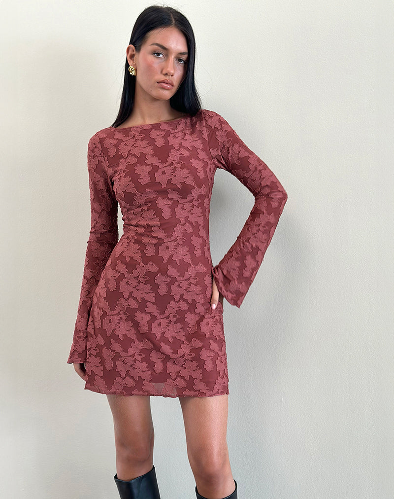 Afbeelding van Sevila Jurk in Maroon Burnout Mesh