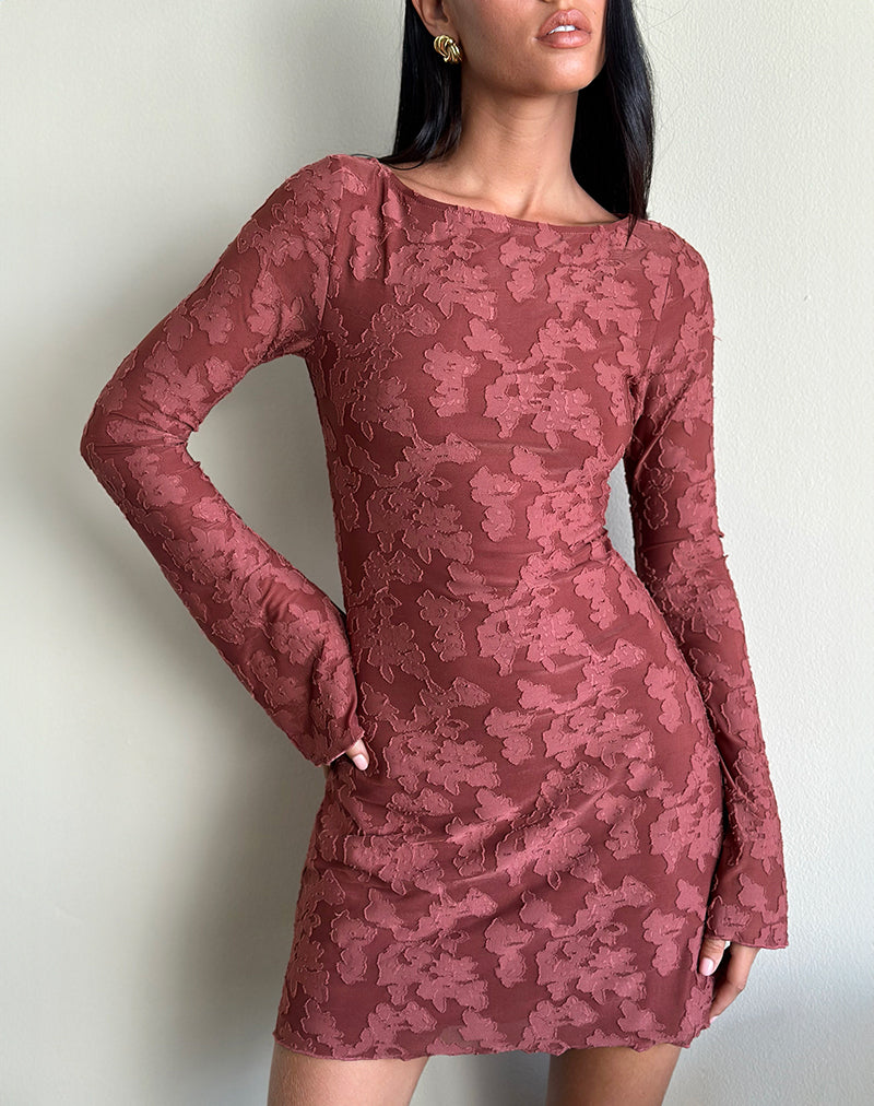 Afbeelding van Sevila Jurk in Maroon Burnout Mesh