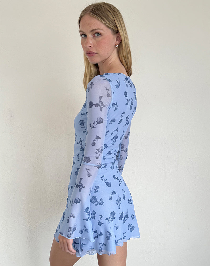 Afbeelding van Sevila Mini Jurk met Lange Mouw in Inky Blue Floral Mesh