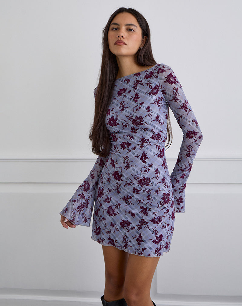 Afbeelding van Sevila Mini jurk met lange mouwen in Lotus Flock geruit Lavendel