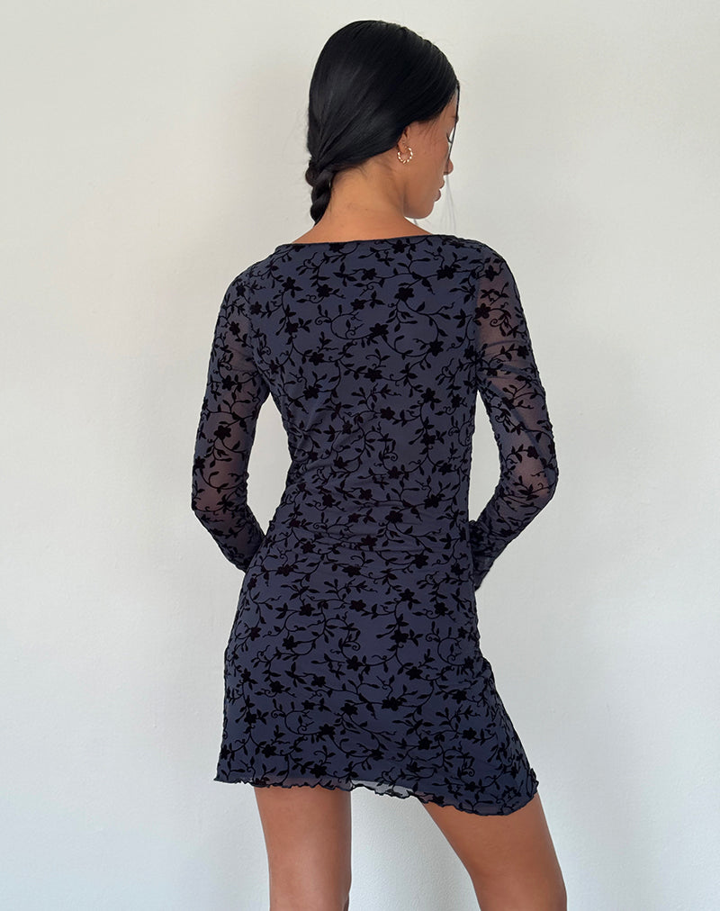 Afbeelding van Sevila Mini jurk met lange mouwen in Flocked Petal Navy