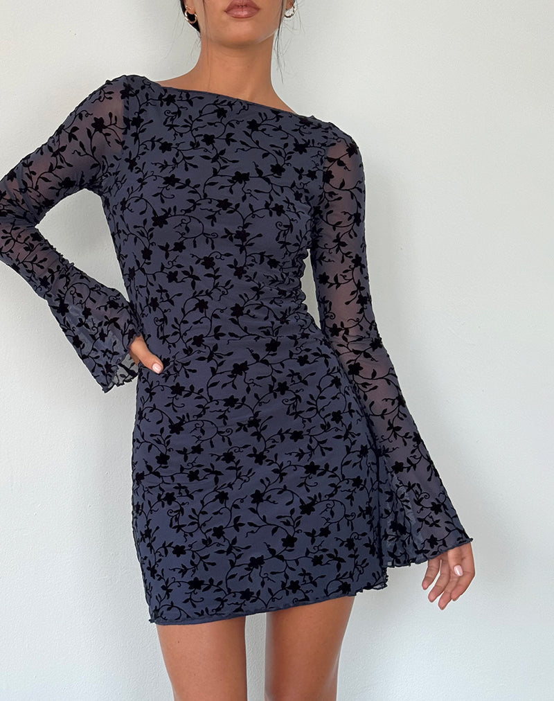Afbeelding van Sevila Mini jurk met lange mouwen in Flocked Petal Navy