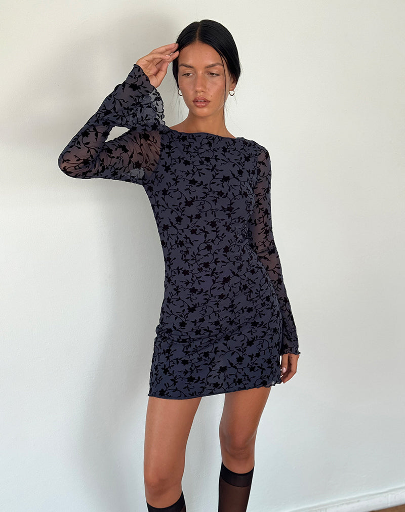 Afbeelding van Sevila Mini jurk met lange mouwen in Flocked Petal Navy