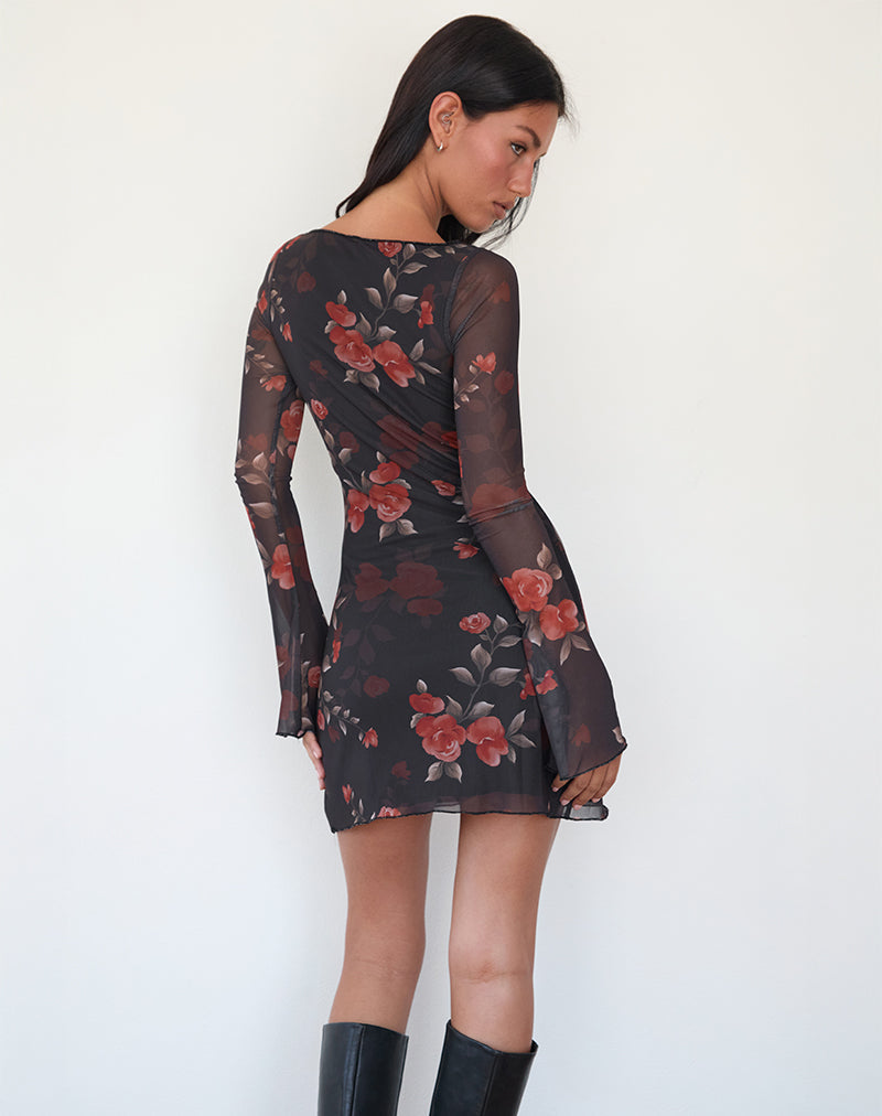 Afbeelding van Sevila Mini jurk met lange mouwen in zwart Aquarel Rose
