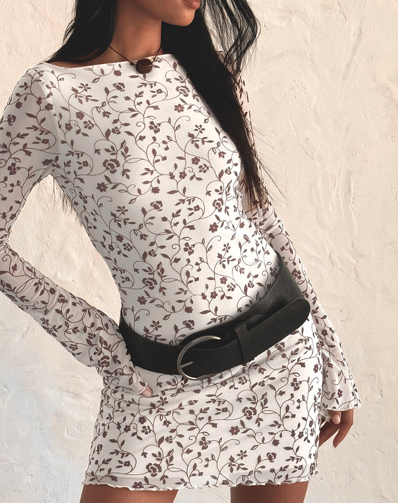 Afbeelding van Sevila Mini jurk met lange mouwen in Stem Flower Flock Bruin