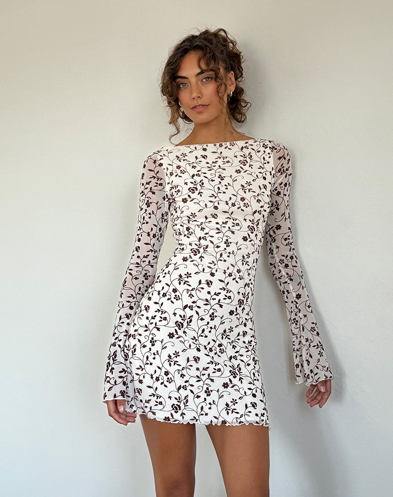 Afbeelding van Sevila Mini jurk met lange mouwen in Stem Flower Flock Bruin