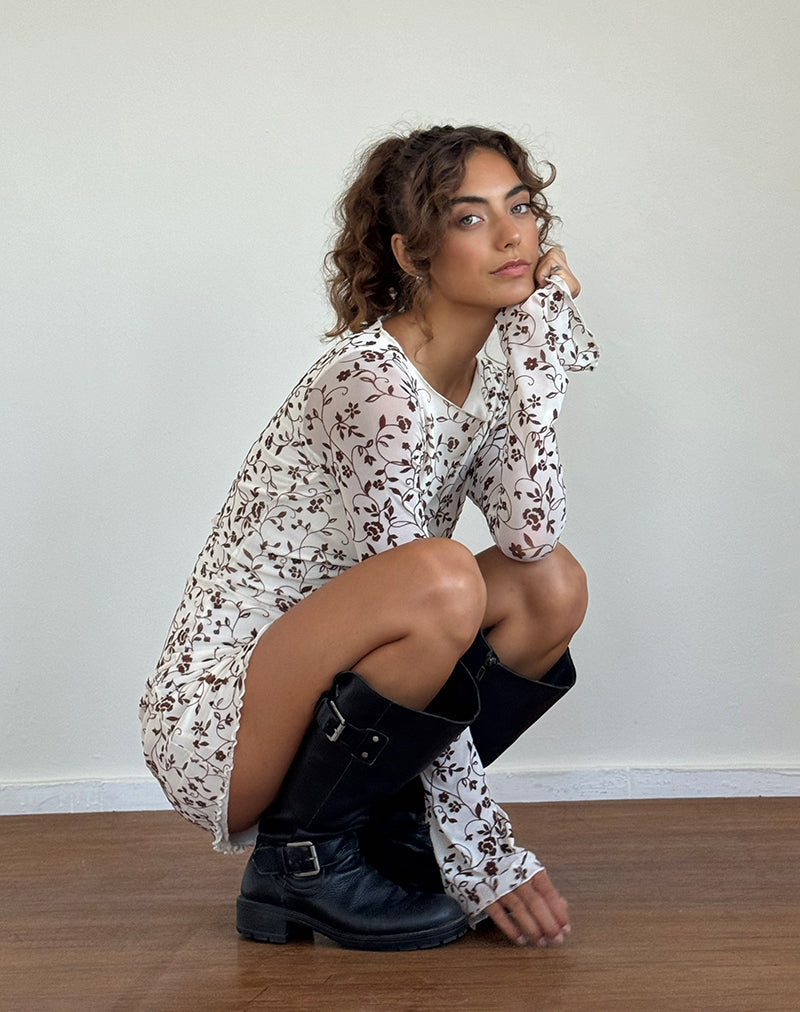 Sevila Mini Jurk met Lange Mouw in Stem Flower Flock Bruin
