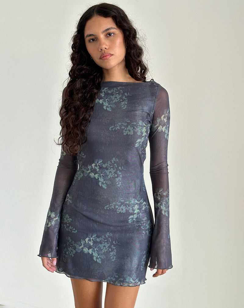 Sevila Mini Dress met lange mouwen in Faded Botanical Green