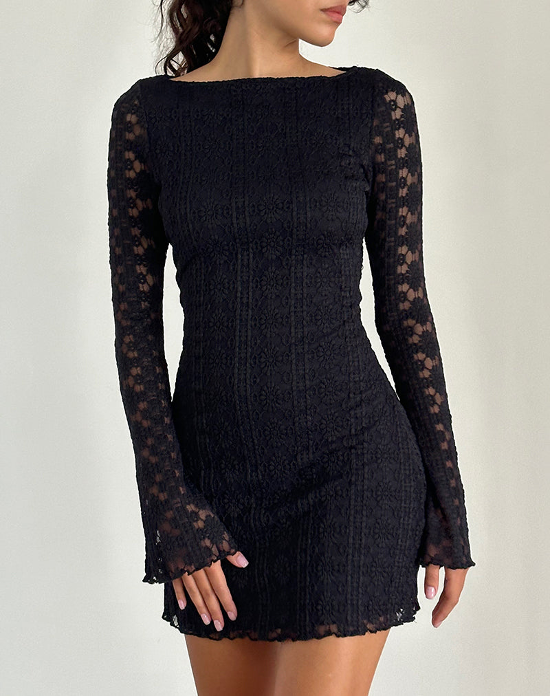 Sevila Mini Jurk met Lange Mouwen in Regal Lace Zwart