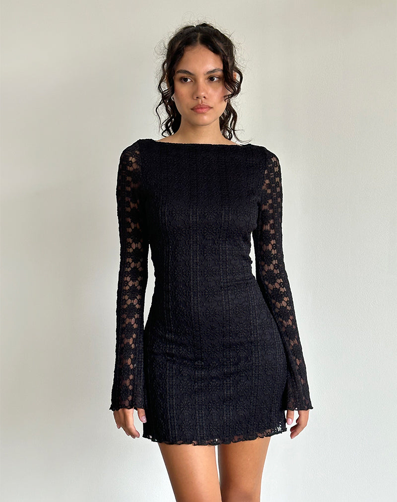 Sevila Mini Jurk met Lange Mouwen in Regal Lace Zwart